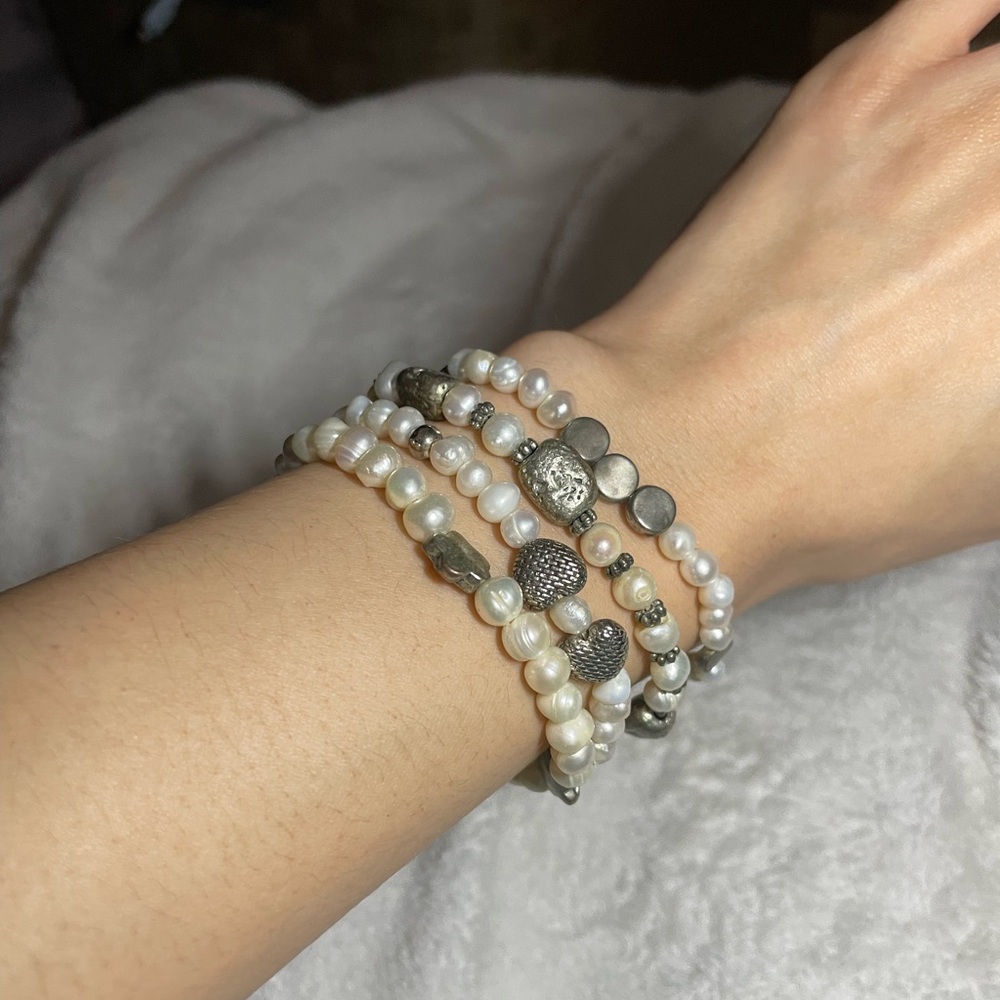 Freshwater Pearl & Silver Bead Wrap Bracelet Set Of 4